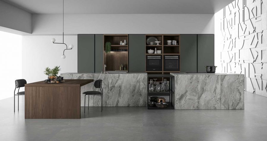 COCINA DE ESTRATIFICADO HPL PIEDRA Y FENIX® CON ISLA