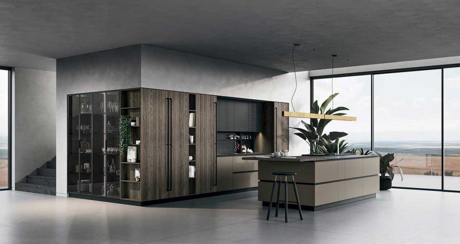 COCINA CON ISLA Y ENCIMERA GRES NEGRO Y MADERA